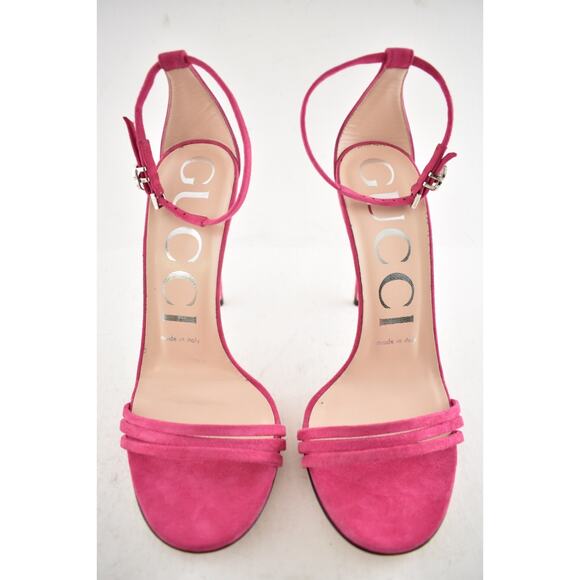 Gucci Ilse Bright Fuxia Pink Suede Crystal GG Logo Ankle Strap Heel Sandal 36 - Picture 9 of 14